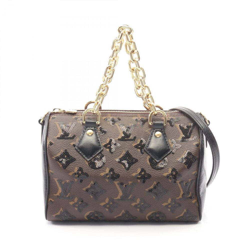 Louis Vuitton Speedy Handlire Monogram Sequin Handbag Leather Brown Black